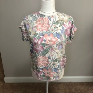 Vintage Floral Short Sleeve Crew Neck Blouse Pastels Linen Look Resort Wear